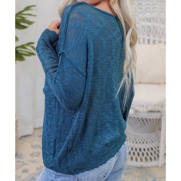 Bibi - LOOSE FIT LOW GAUGE TEAL SWEATER TOP- NWT - Picture 2 of 10